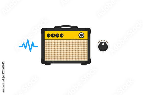 An illustration of a yellow and black guitar amplifier with a tan