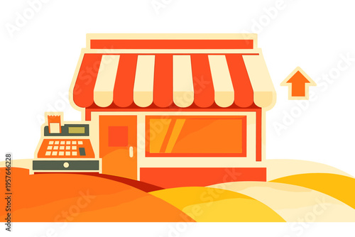 A stylized illustration of a small storefront with a red and cream