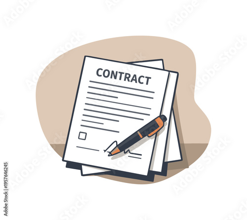 Calm business contract signing concept with papers and pen slightly angled for balance shown from above, arranged in the right