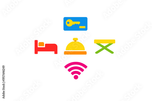 Five minimalist icons representing hotel amenities like a bed