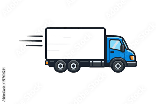 A blue delivery truck with a white cargo box moves quickly, indicated