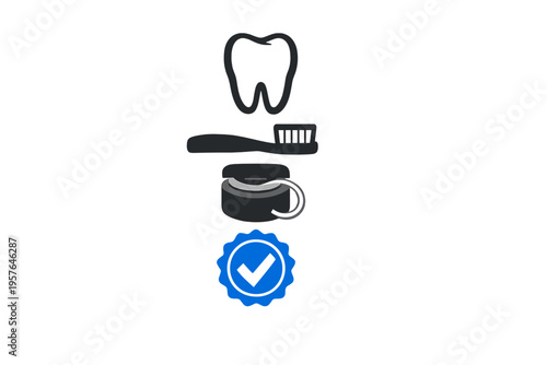 Minimalist illustration showing a tooth, toothbrush, dental floss