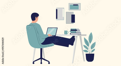 Man working remotely on laptop from home office with feet on desk