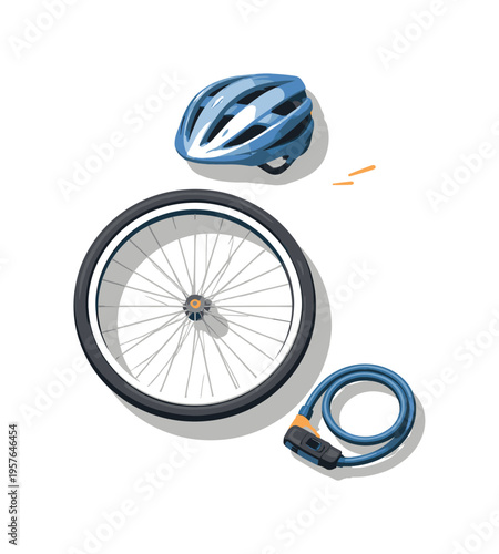 Minimal cycling commute lifestyle concept with bicycle wheel helmet and lock loosely arranged seen from a top-down angle, offset