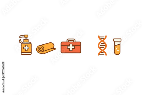 A collection of health and wellness icons featuring a soap dispenser