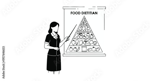 Female food dietitian nutritionist presenting healthy eating pyramid chart in office setting, explaining nutrition and wellness concept
