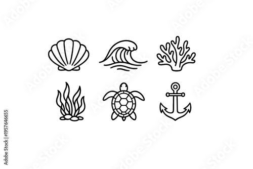 A set of six minimalist black and white line art icons featuring