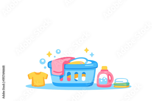 A colorful vector illustration of a blue laundry basket filled with