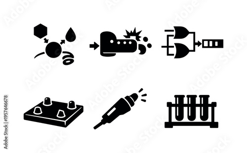 Solid vector icons of intracellular decision-making systems: molecular switch hub, cue-trigger domain, logic-output channel;