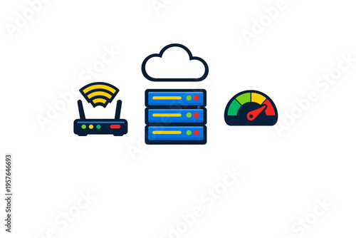 This illustration displays a wireless router, a cloud computing