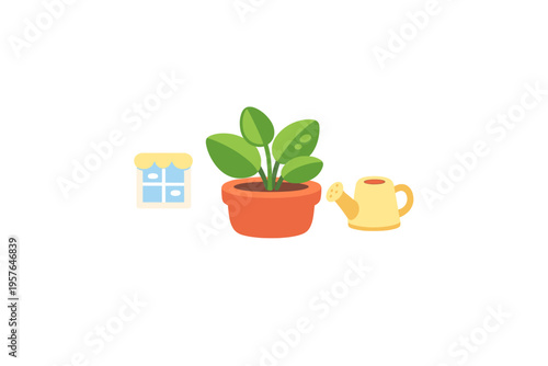 A minimalist vector illustration featuring a green potted plant, a