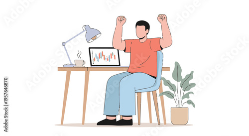 Man celebrating financial success with online stock trading on laptop at home