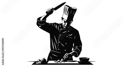 Chef cooking preparing food with knife in kitchen professional culinary skills illustration