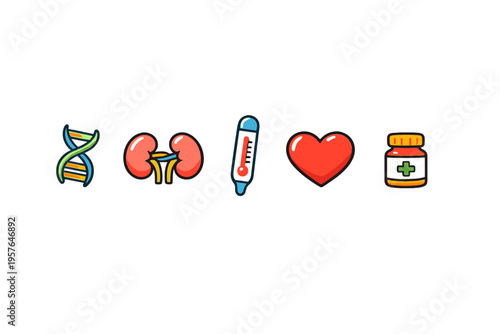 A collection of five medical and healthcare icons including a DNA