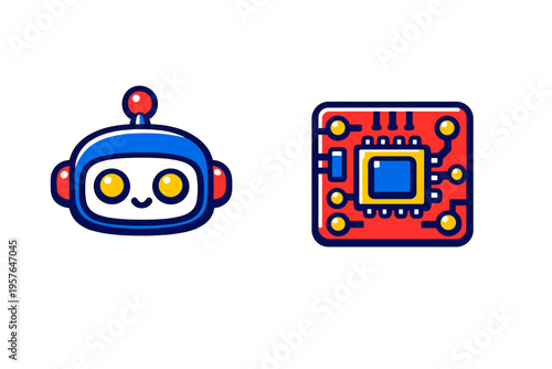 A cute blue robot head with large yellow eyes and a red antenna next