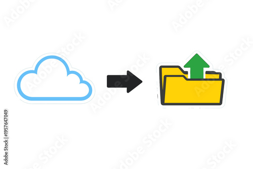 Flat illustration depicting a blue cloud icon next to a black arrow