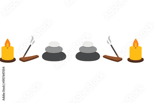 A symmetrical illustration of zen spa elements including lit yellow