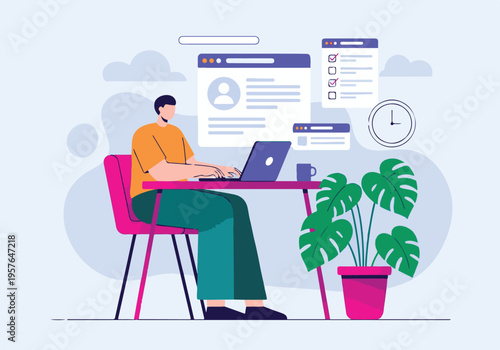 Person working remotely on laptop with business interfaces and plant