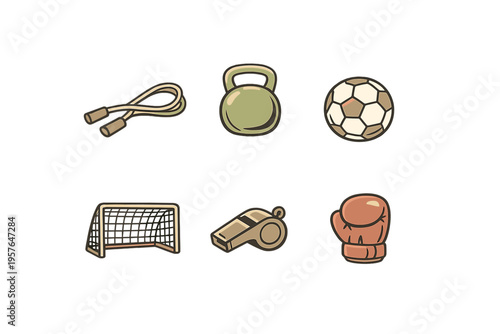 Six minimalist sports and fitness icons including a jump rope