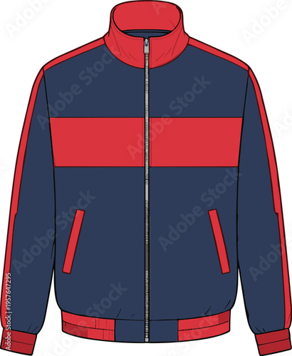 Flat Vector Illustration of a Navy and Red Sporty Track Jacket, Athletic Zip-Up Windbreaker Design