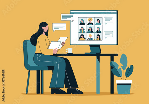 Woman participating in an online video conference from her home office