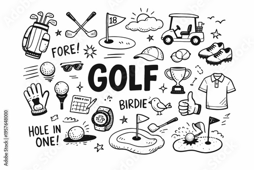 Golf doodle illustration in black and white hand drawn outline style with clubs, golf cart and course elements