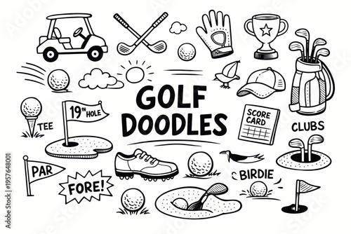 Golf doodle illustration in black and white hand drawn outline style with clubs, golf cart and course elements