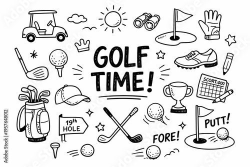 Golf doodle illustration in black and white hand drawn outline style with clubs, golf cart and course elements