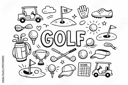 Golf doodle illustration in black and white hand drawn outline style with clubs, golf cart and course elements