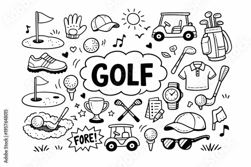 Golf doodle illustration in black and white hand drawn outline style with clubs, golf cart and course elements
