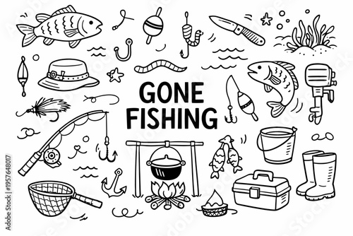 Fishing doodle illustration in black and white hand drawn outline style with rod, fish, bait and outdoor elements