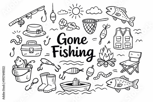 Fishing doodle illustration in black and white hand drawn outline style with rod, fish, bait and outdoor elements