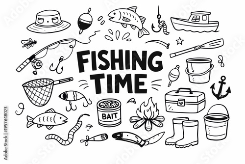 Fishing doodle illustration in black and white hand drawn outline style with rod, fish, bait and outdoor elements