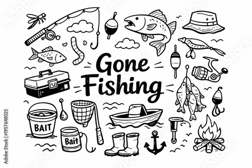 Fishing doodle illustration in black and white hand drawn outline style with rod, fish, bait and outdoor elements