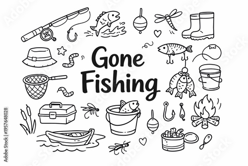 Fishing doodle illustration in black and white hand drawn outline style with rod, fish, bait and outdoor elements