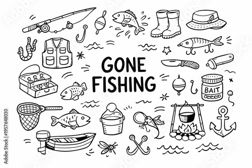 Fishing doodle illustration in black and white hand drawn outline style with rod, fish, bait and outdoor elements