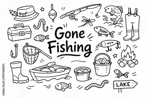 Fishing doodle illustration in black and white hand drawn outline style with rod, fish, bait and outdoor elements