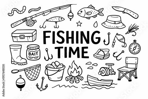 Fishing doodle illustration in black and white hand drawn outline style with rod, fish, bait and outdoor elements