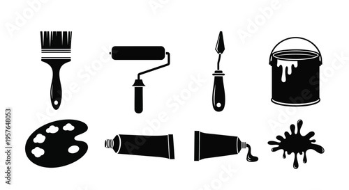 Painting tools including brushes rollers paint cans and palettes in black