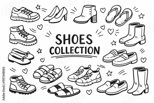 Shoes collection doodle illustration in black and white hand drawn outline style with casual, formal and fashion footwear