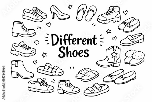 Shoes collection doodle illustration in black and white hand drawn outline style with casual, formal and fashion footwear
