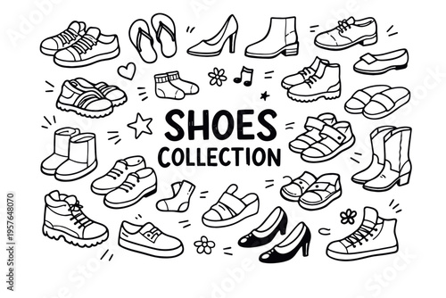 Shoes collection doodle illustration in black and white hand drawn outline style with casual, formal and fashion footwear