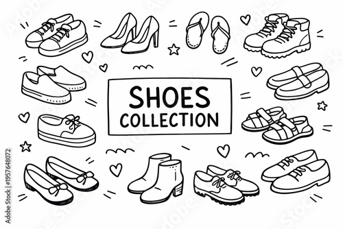 Shoes collection doodle illustration in black and white hand drawn outline style with casual, formal and fashion footwear