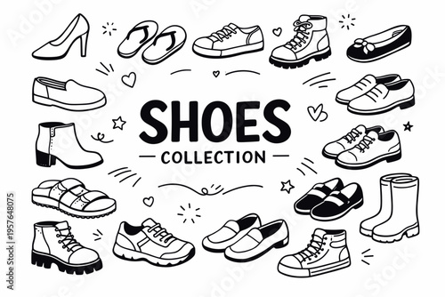 Shoes collection doodle illustration in black and white hand drawn outline style with casual, formal and fashion footwear