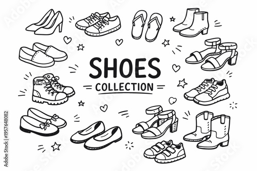 Shoes collection doodle illustration in black and white hand drawn outline style with casual, formal and fashion footwear