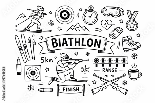 Biathlon doodle illustration in black and white hand drawn outline style with skiing, shooting and winter sport elements