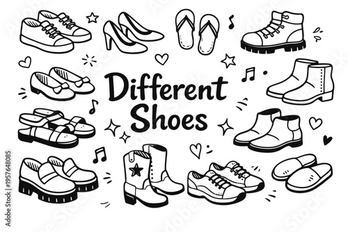 Shoes collection doodle illustration in black and white hand drawn outline style with casual, formal and fashion footwear