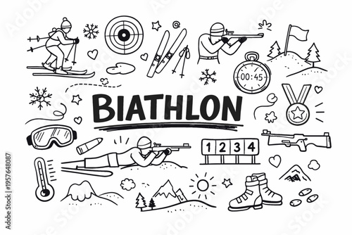 Biathlon doodle illustration in black and white hand drawn outline style with skiing, shooting and winter sport elements