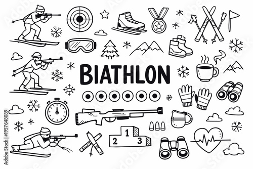 Biathlon doodle illustration in black and white hand drawn outline style with skiing, shooting and winter sport elements