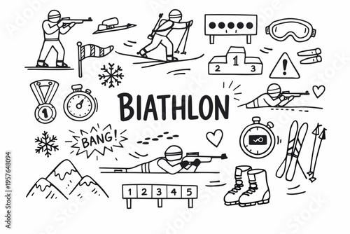Biathlon doodle illustration in black and white hand drawn outline style with skiing, shooting and winter sport elements